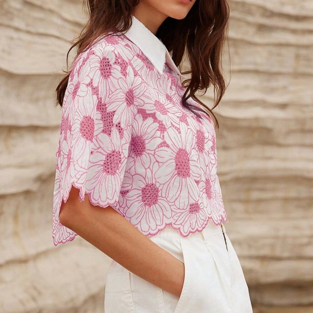 Pink Casual Women's Elegant Hollow-Out Embroidered Daisy Shirt Floral Print - Picture 4 of 6